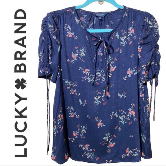 Lucky Brand tie sleeve blue floral blouse size M - Picture 2 of 7